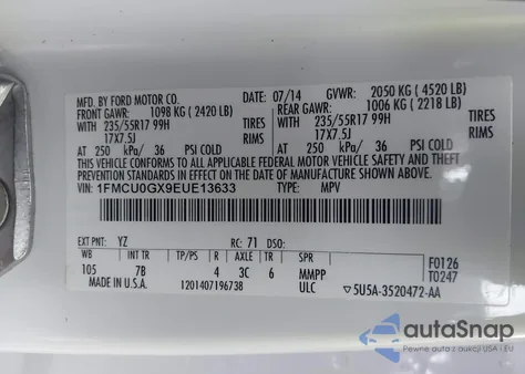 2014 Ford Escape Se z USA, uszkodzony, nr VIN 1FMCU0GX9EUE13633